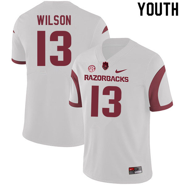 Youth #13 Jaedon Wilson Arkansas Razorbacks College Football Jerseys Sale-White - Click Image to Close